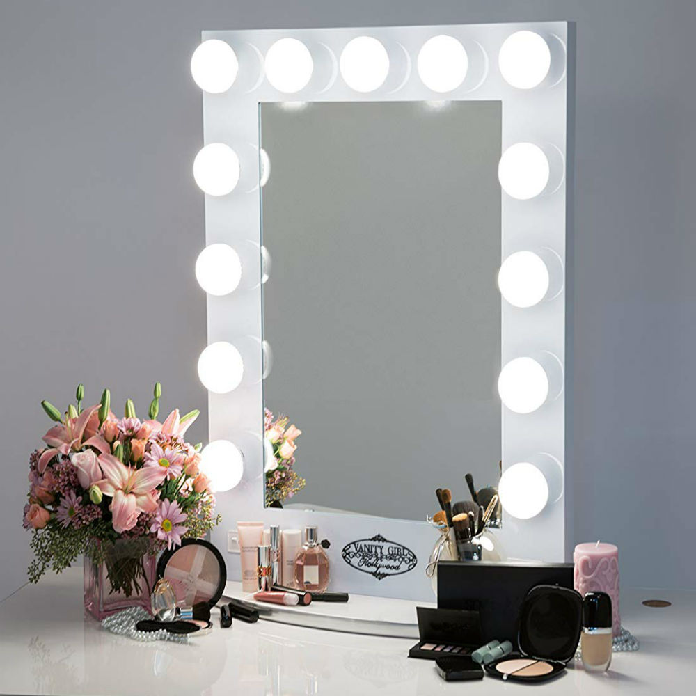 White vanity girl Broadway lighted mirror