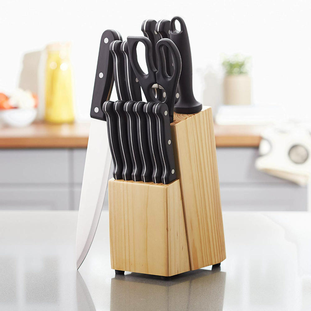 A 14 Piece Knife Set With Pine Wood Organizer Block