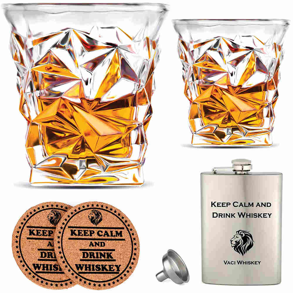 Crystal Whiskey Glasses with Stainless Steel Flask